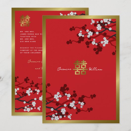 Invitation Cherry Blossoms double bonheur Mariage chinois (Devant / Derrière)