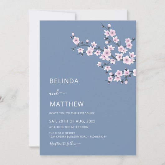 Invitation Cherry Blossoms Dusty Pink Blue Wedding (Devant)