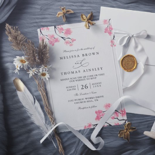 Invitation Cherry Blossoms Pink Elegant Chic QR Code Wedding