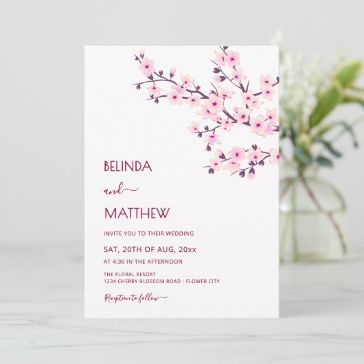 Invitation Cherry Blossoms Pink White Casual Wedding (Debout devant)