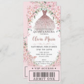 Invitation Cherry Blossoms Robe Blush Quinceañera VIP Ticket (Devant / Derrière)