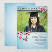 Invitation Cherry Blossoms Vintage Blue Photo Graduation (Devant / Derrière)