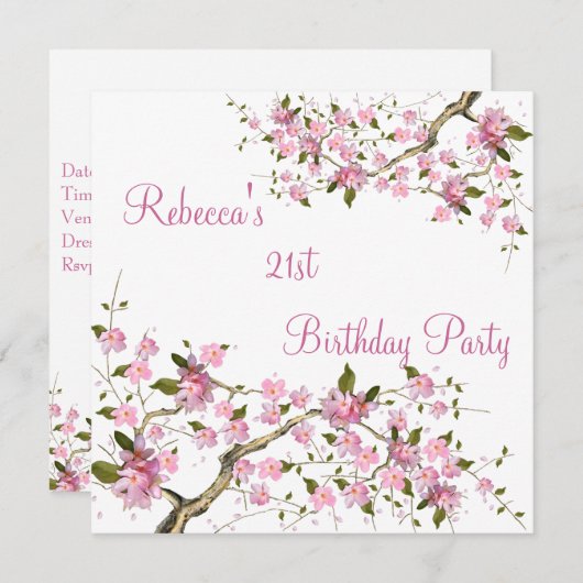 Invitation Cherry Bossom 21e Soirée d'Anniversaire Blanc (Devant / Derrière)