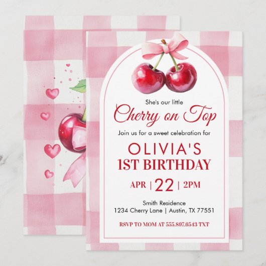 Invitation Cherry Bow Birthday Cherry On Top (Devant / Derrière)