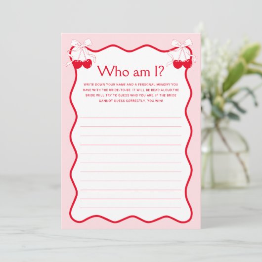Invitation Cherry Bridal Shower Guess Who Am I Game Card (Debout devant)