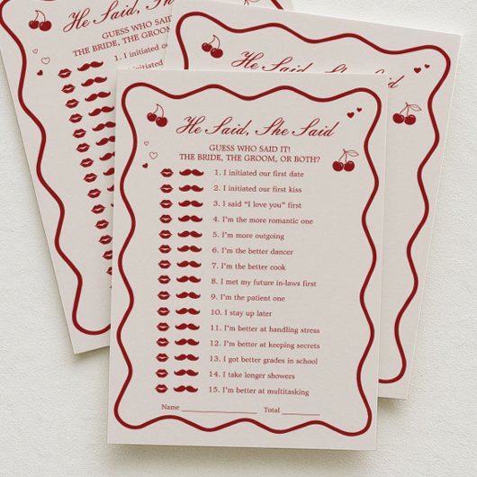 Invitation Cherry Bridal Shower He Said She Said Game Card