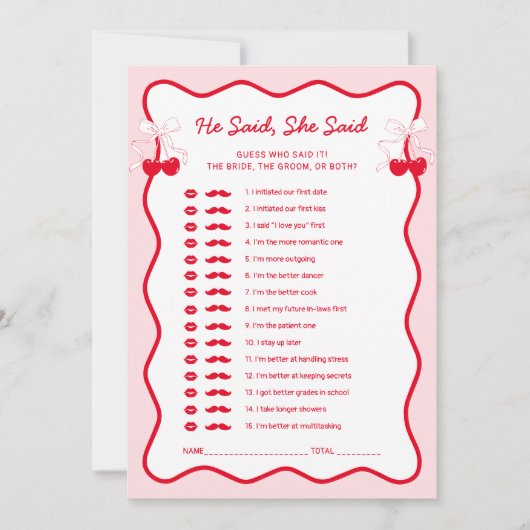 Invitation Cherry Bridal Shower He Said She Said Game Card (Devant)