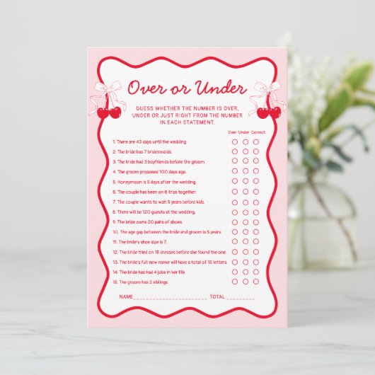 Invitation Cherry Bridal Shower Over or Under Game Card (Debout devant)