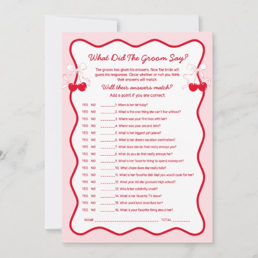 Invitation Cherry Bridal Shower What Did the Groom Say Game (Devant)