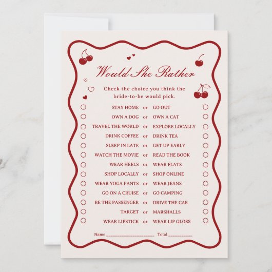 Invitation Cherry Bridal Shower Would She Rather Game Card (Devant)