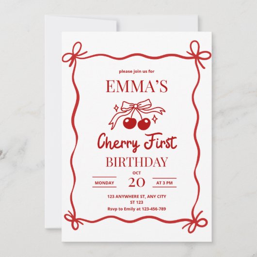 Invitation Cherry First Birthday Invitation, Red Bow Berries (Devant)