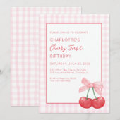 Invitation Cherry First Birthday Pink Gingham Girls One Year  (Devant / Derrière)