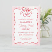 Invitation "Cherry First" Birthday Pink Stripe Bow Girl (Debout devant)