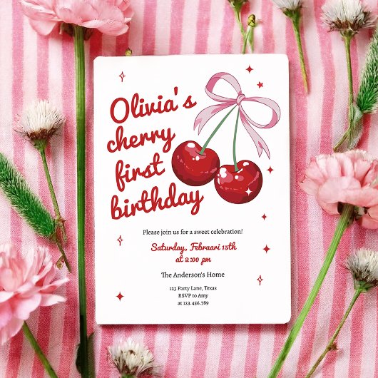 Invitation Cherry First Coquette Bow Rose Girl Anniversaire