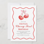 Invitation Cherry First Pink Bow preppy 1er anniversaire (Devant)