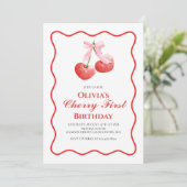 Invitation Cherry First Pink Bow preppy 1er anniversaire (Debout devant)