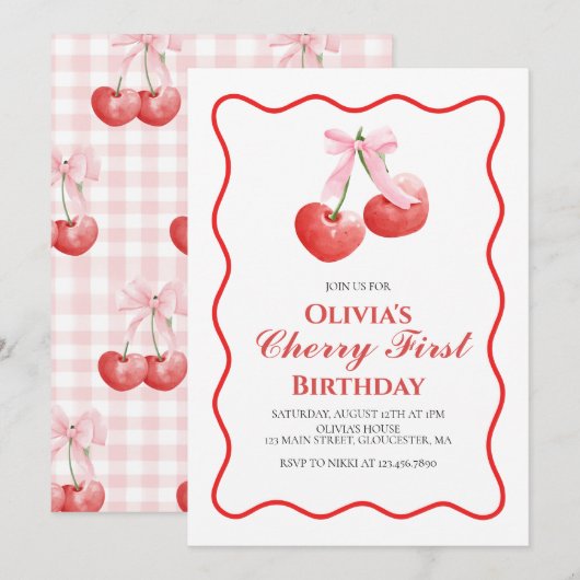 Invitation Cherry First Pink Bow preppy 1er anniversaire (Devant / Derrière)