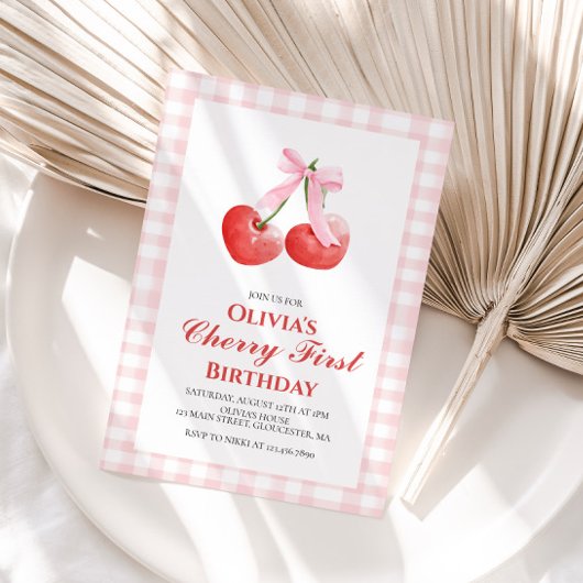 Invitation Cherry First Pink Bow preppy 1er anniversaire
