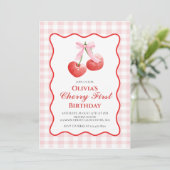 Invitation Cherry First Pink Bow preppy 1er anniversaire (Debout devant)