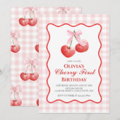 Invitation Cherry First Pink Bow preppy 1er anniversaire (Devant / Derrière)