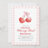 Invitation Cherry First Pink Bow preppy 1er anniversaire (Devant)