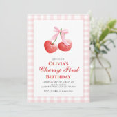 Invitation Cherry First Pink Bow preppy 1er anniversaire (Debout devant)
