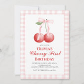 Invitation Cherry First Pink Bow preppy 1er anniversaire (Devant)
