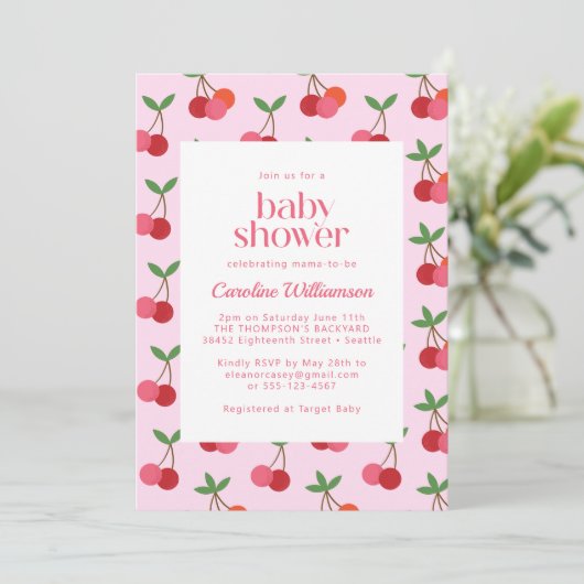 Invitation Cherry Fruit Red Pink Cute Summer Baby Shower (Debout devant)
