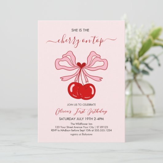 Invitation Cherry on Top Birthday Cherries 1st Birthday (Debout devant)