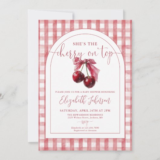 Invitation Cherry On Top Bow QR Code Girl Baby Shower (Devant)