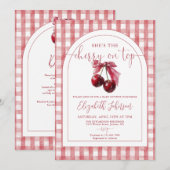 Invitation Cherry On Top Bow QR Code Girl Baby Shower (Devant / Derrière)