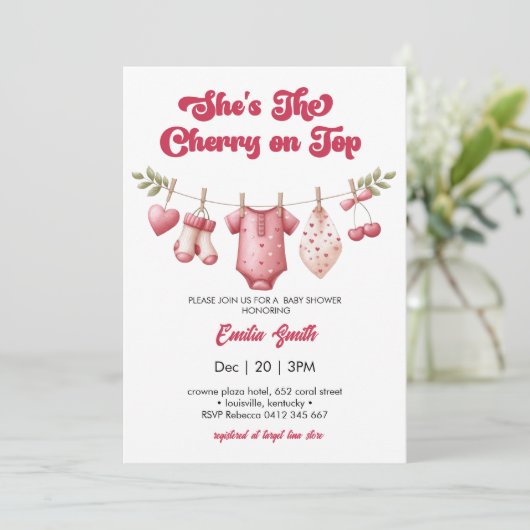 Invitation Cherry on Top clothesline Baby Shower (Debout devant)
