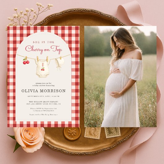 Invitation Cherry on Top Clothesline Photo Baby Shower