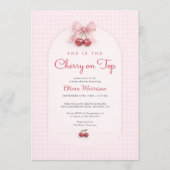 Invitation Cherry on Top Pink Bow Gingham Baby Shower (Devant)