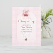 Invitation Cherry on Top Pink Bow Gingham Baby Shower (Debout devant)