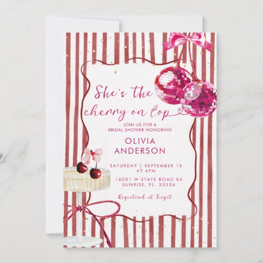 Invitation Cherry On Top Pink Disco Balls Bridal Shower (Devant)