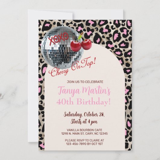 Invitation Cherry On Top pink leopard animal print invite. (Devant)