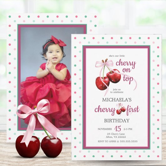 Invitation Cherry Pink Coquette Bow photo de premier annivers