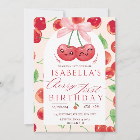 Invitation Cherry premier anniversaire fille 1er bow de fruit (Devant)