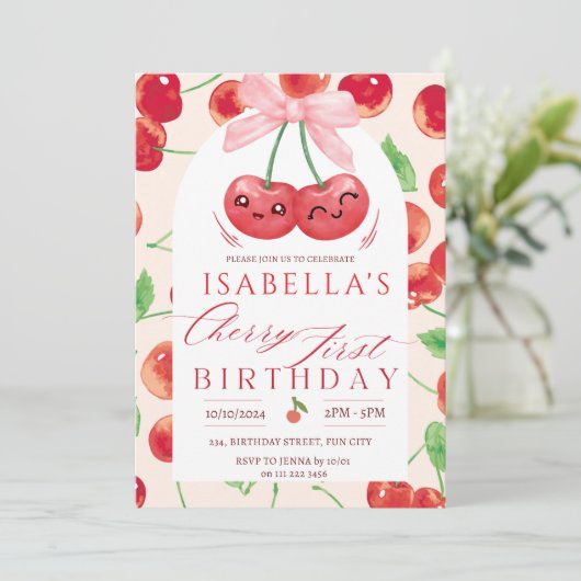 Invitation Cherry premier anniversaire fille 1er bow de fruit (Debout devant)