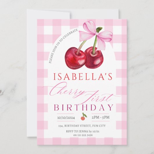 Invitation Cherry premier anniversaire fille 1er bow de fruit (Devant)