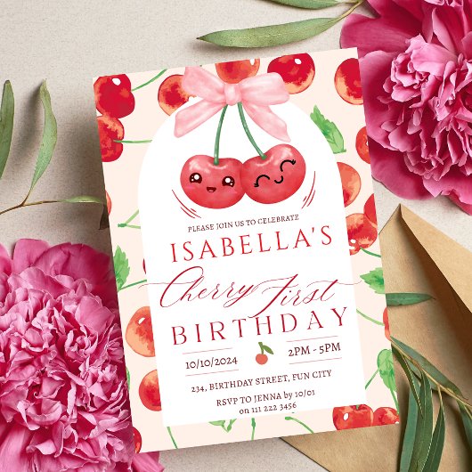 Invitation Cherry premier anniversaire fille 1er bow de fruit