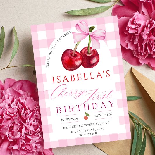 Invitation Cherry premier anniversaire fille 1er bow de fruit