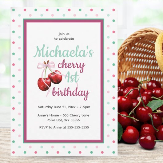 Invitation Cherry Premier Anniversaire Polka Dot Thème