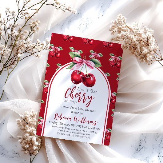 Invitation Cherry Red Coquette Bow Girl Baby shower