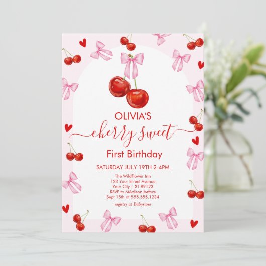Invitation Cherry Sweet Birthday Cherries 1st Birthday (Debout devant)