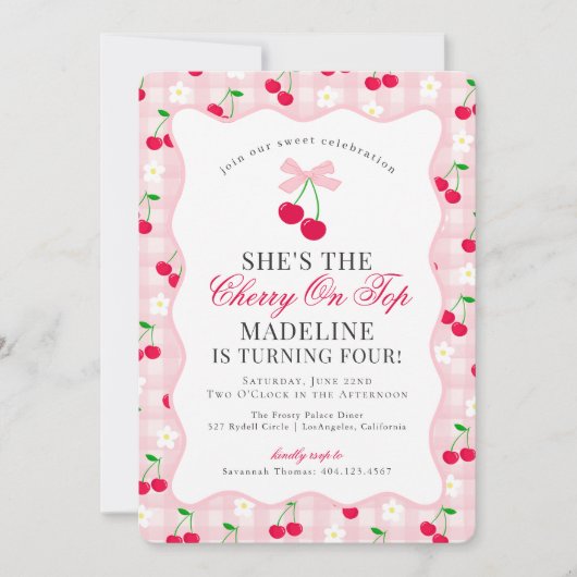 Invitation Cherry Sweet Coquette Rose Bow En vichy Anniversai (Devant)