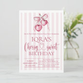 Invitation Cherry Sweet Pink Bow Girl 1st Birthday (Debout devant)