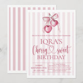 Invitation Cherry Sweet Pink Bow Girl 1st Birthday (Devant / Derrière)