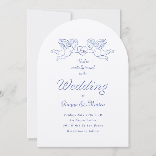Invitation Cherub Cupid Couple tenant Mariage de coeur (Devant)